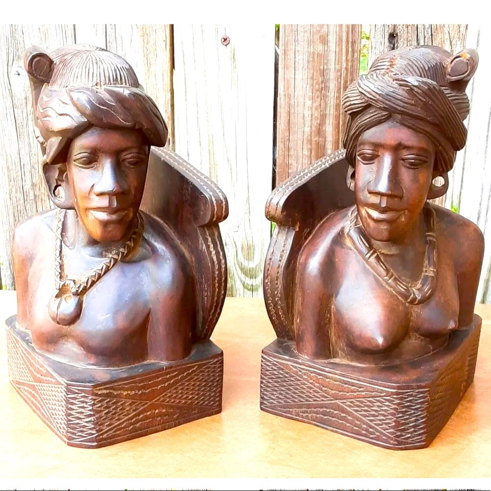 STUNNING!! Carved Dark Exotic Wood African Bookends Male and Female Busts 9”Tall